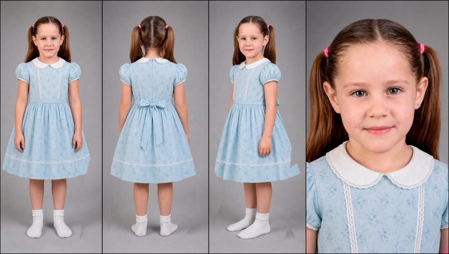 Hoja de personaje de la niña con vestido azul