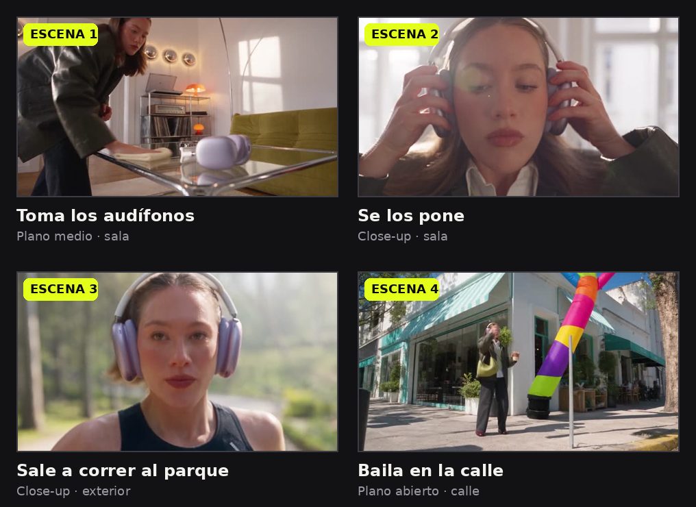 Ejemplo de storyboard con 4 escenas de un video de audífonos